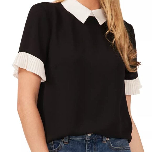 CeCe Women's Short Sleeve Color Blocked Collared Blouse (S) - Picture 2 of 8